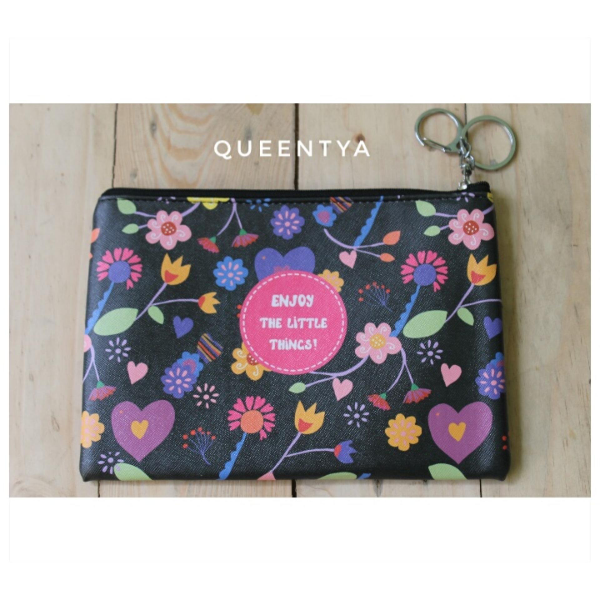 Pouch Wanita / Dompet Make Up Cewek / Kantong Handphone (HP) / Serbaguna - Hitam - Motif Bunga