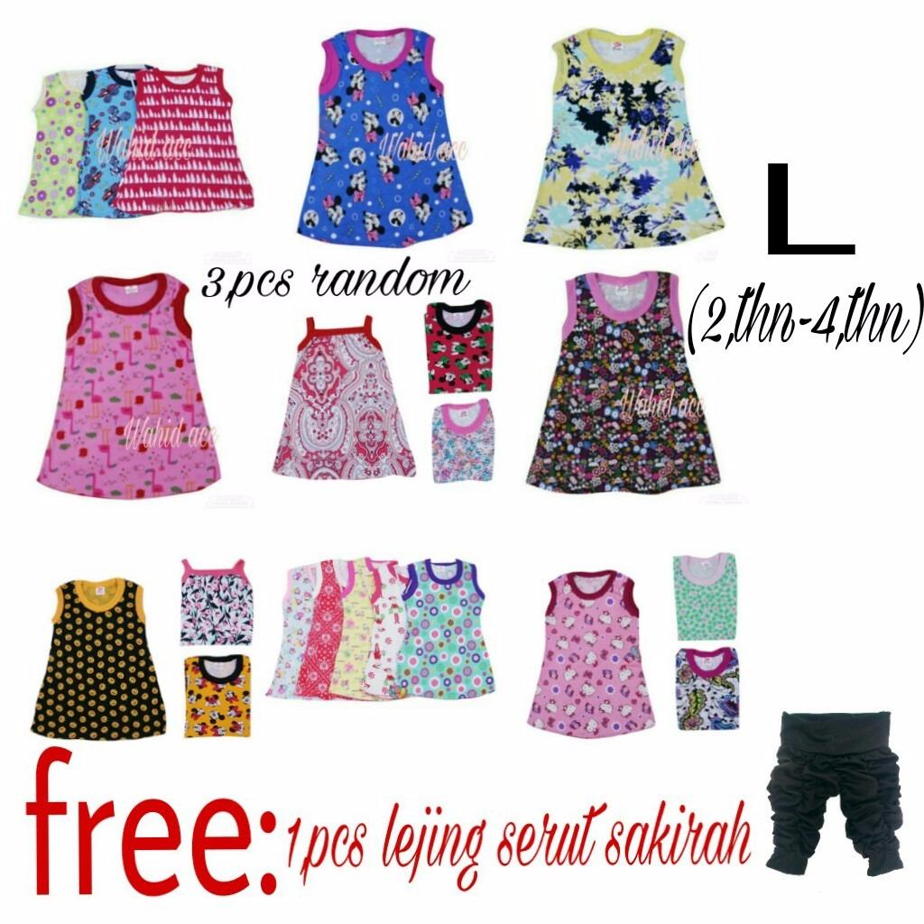  3 pcs daster anak perempuan random dari edo wahid acc colektion aneka motif (S 3 bln-12 bln),(M 1 thn -2,5 thn),(L 2,5 thn-4 thn) ,FREE;1 pcs lejing serut sakirah