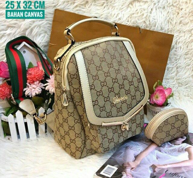 Tas Ransel Kanvas Gucci Wanita Promo Murah Terbaru Limited Warna Krem