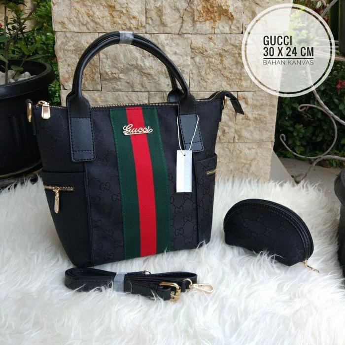Tas Selempang Handbag Branded Gucci Kanvas Kuliah Kerja Warna Hitam