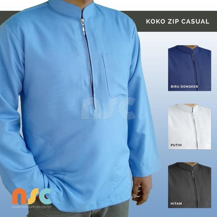 New! Baju Koko Resleting Pria Muslim Putih Polos Dewasa Lengan Panjang - Putih, M