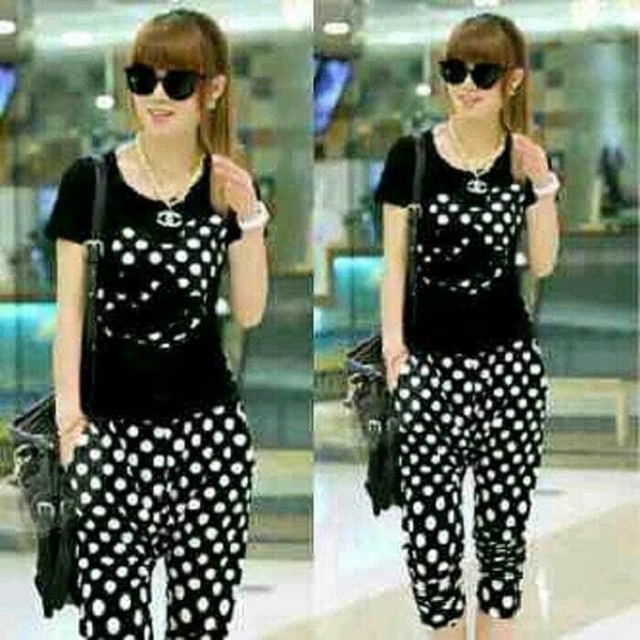 Setelan Wanita Blouse + Celana Black Mickey Polkadot 2In1 Ootd