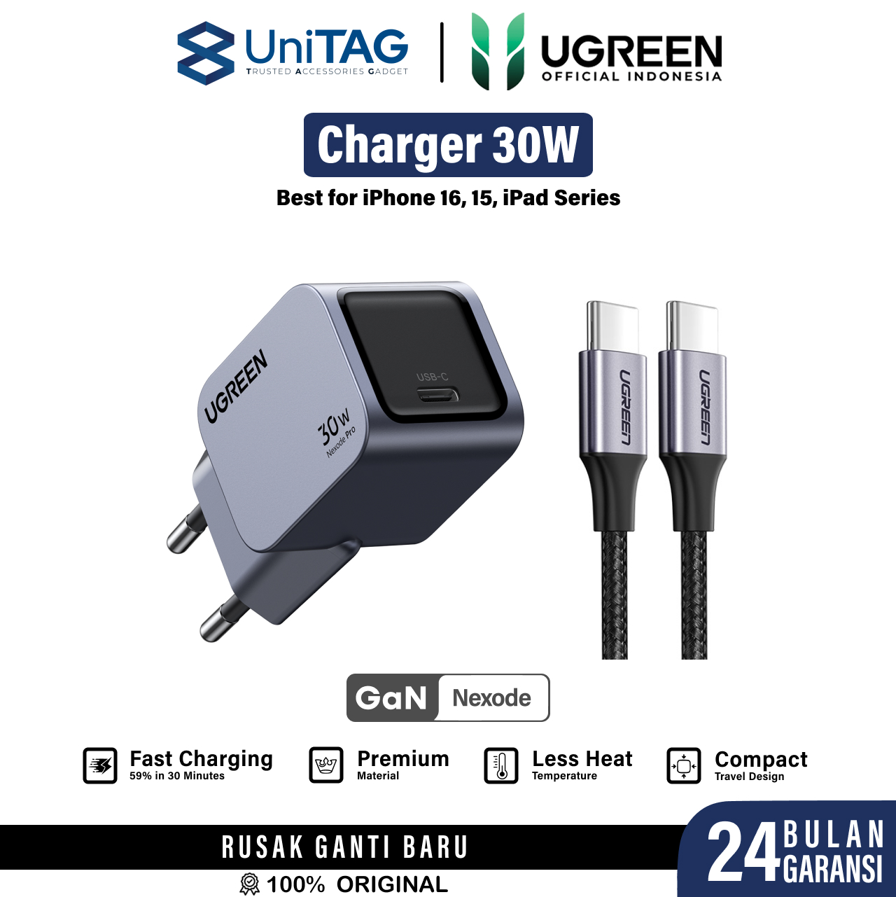 UGREEN Charger 30W Nexode Pro - Gray X703 35006 + C to Lightning Cable - Braided - 1m - Black US304