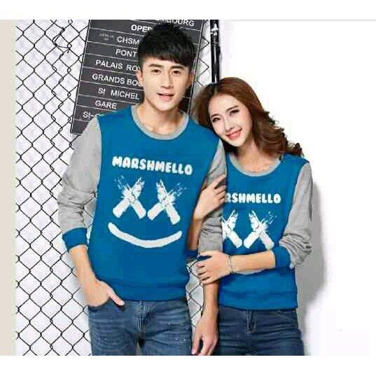 Kaos couple / baju couple / sweater couple lengan panjang murah LP New Marshmello Biru