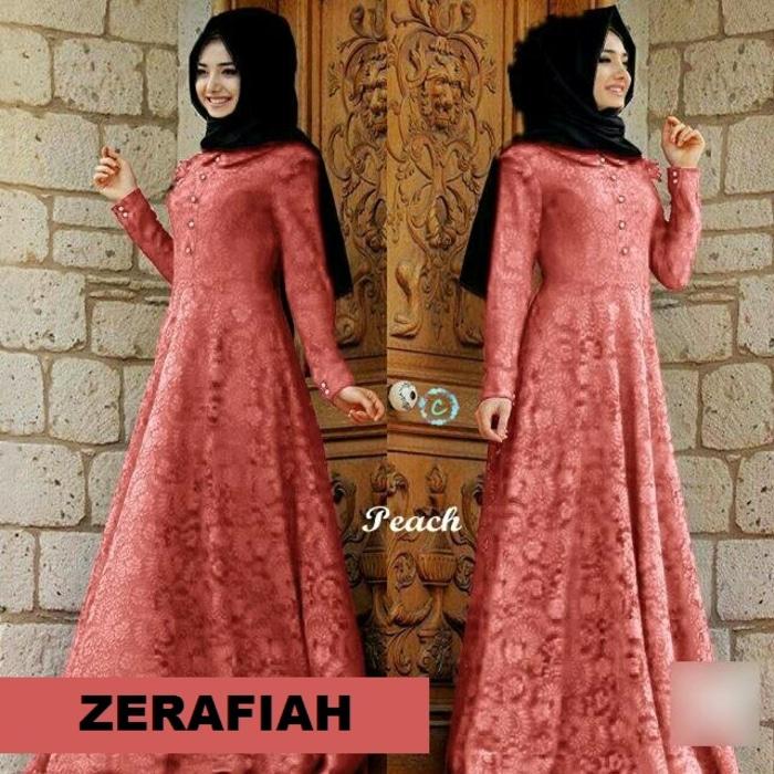 TOSERBU Gamis Maxi (M - Fit L) ZERAFIAH Peach + Pashmina - Brokat Spandek