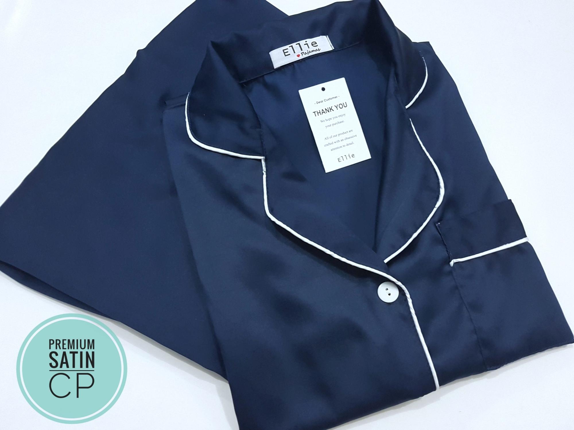BAJU TIDUR PIYAMA WANITA DEWASA SATIN PREMIUM CELANA PANJANG LENGAN PENDEK NAVY CP