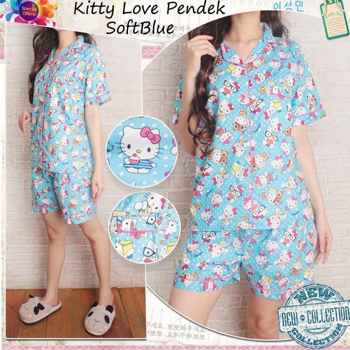 PP KITTY LOVE PAJAMAS PIYAMA CELANA PENDEK BAJU TIDUR KATUN JEPANG - Biru Muda
