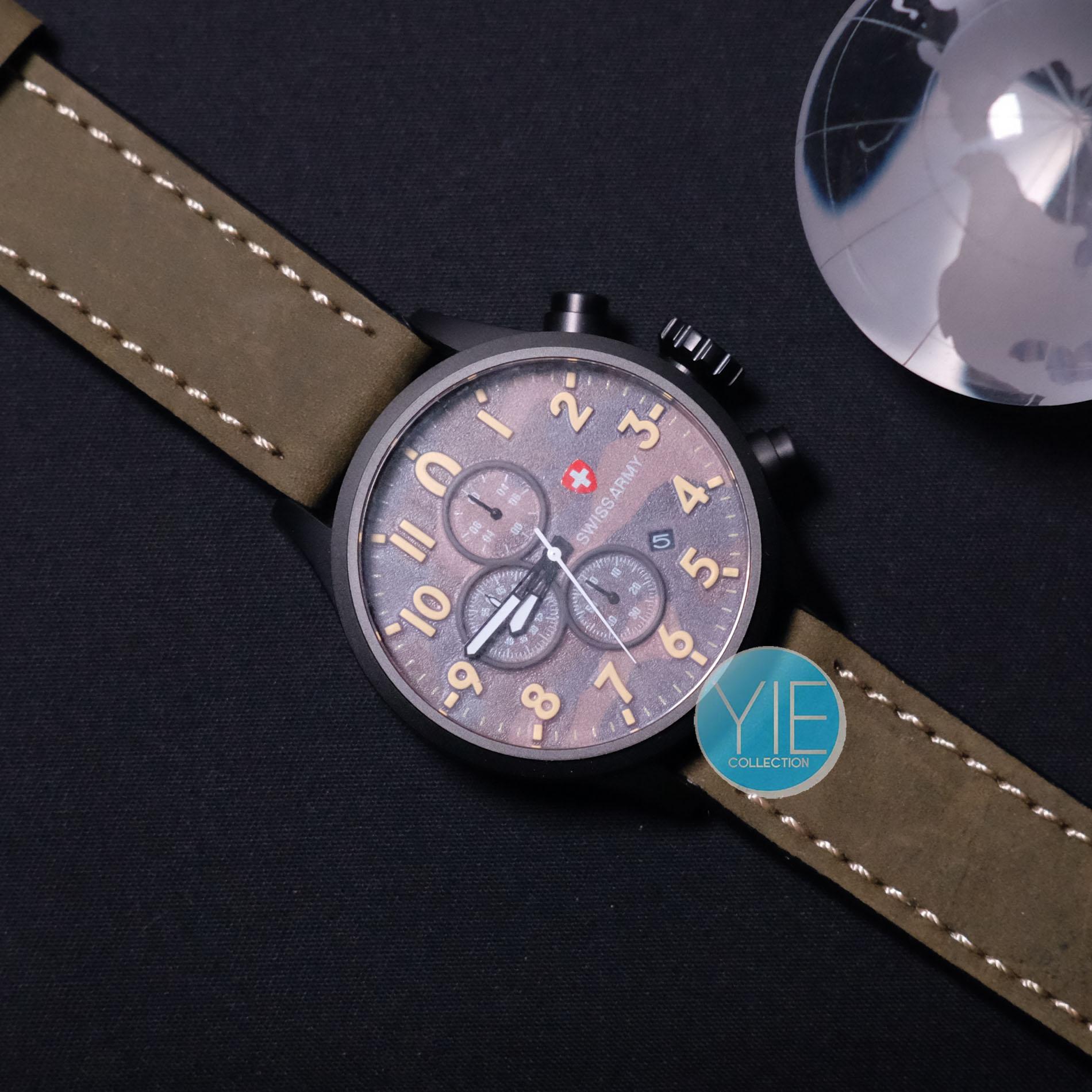 Swiss Army Original Sa1200 Jam Tangan Pria Strap Kulit Chrono Aktif Swiss Army Chrono Kulit Hijau Army Plat Coklat Tua 2