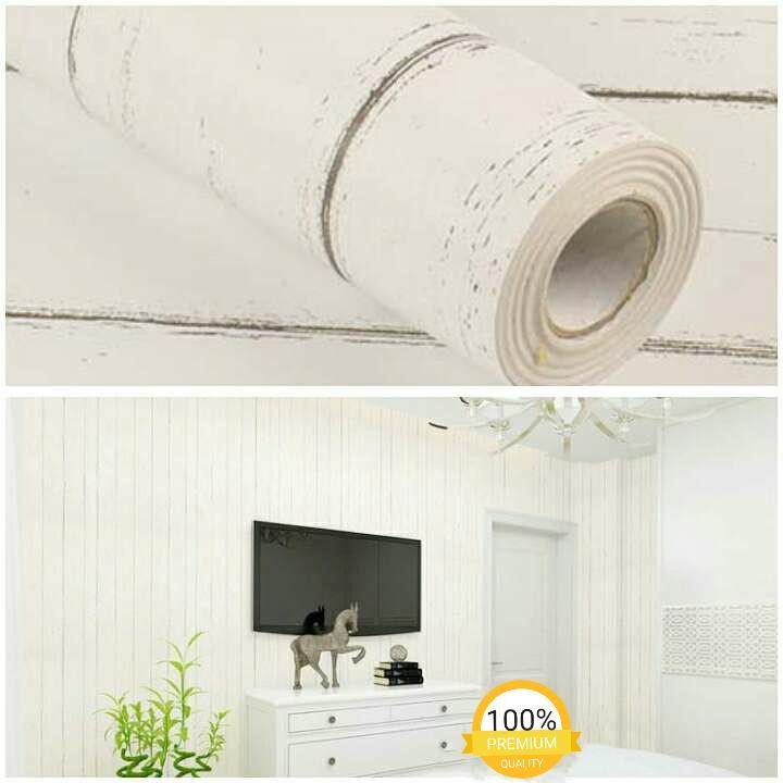 Grosir murah wallpaper sticker dinding kamar ruang indah bagus papan kayu putih garis hitam