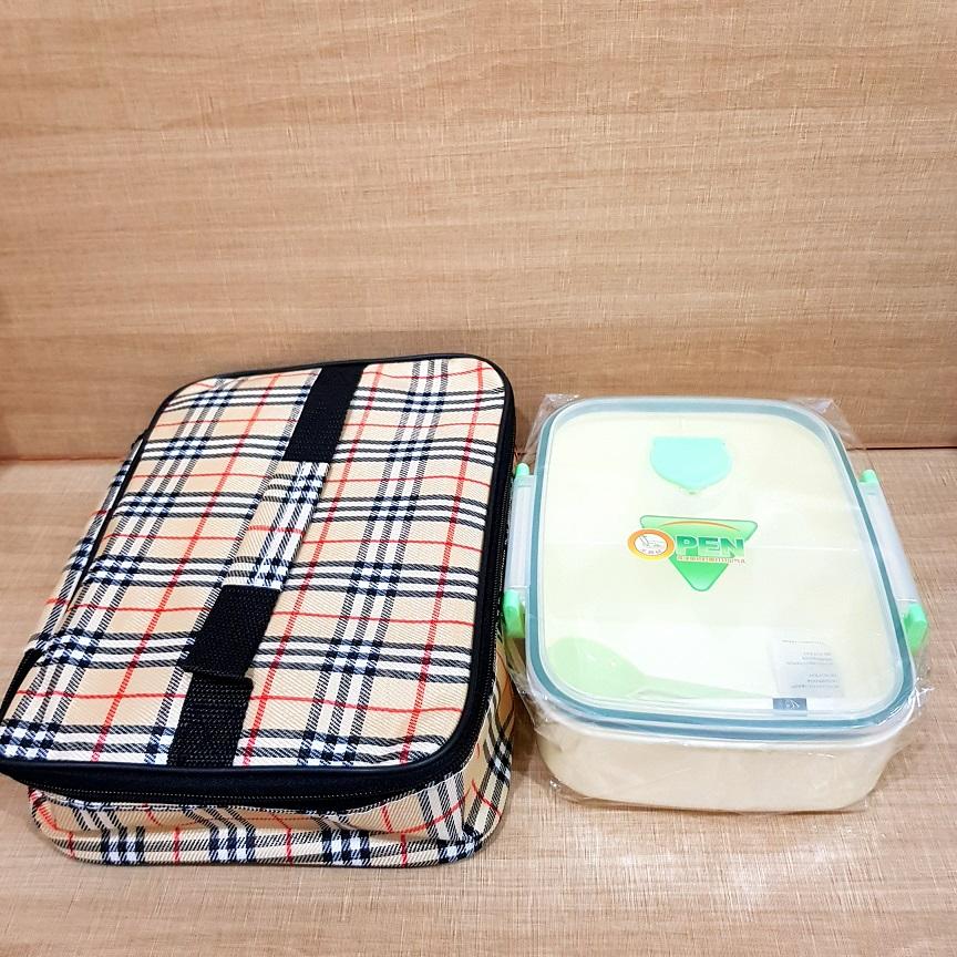 Detail Gambar Kotak makan Lunch Box BPA Free Yooyee 315 dengan Tas Bekal Motif Kotak Burberry Terbaru
