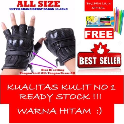 HOKI COD - Sarung Tangan Motor Kulit Half + Batok Protektor - Bahan Premium Quality - 1 Pcs + Gratis Pulpen Lilin Unik Serba Guna Hitam Pekat - 2 Pcs
