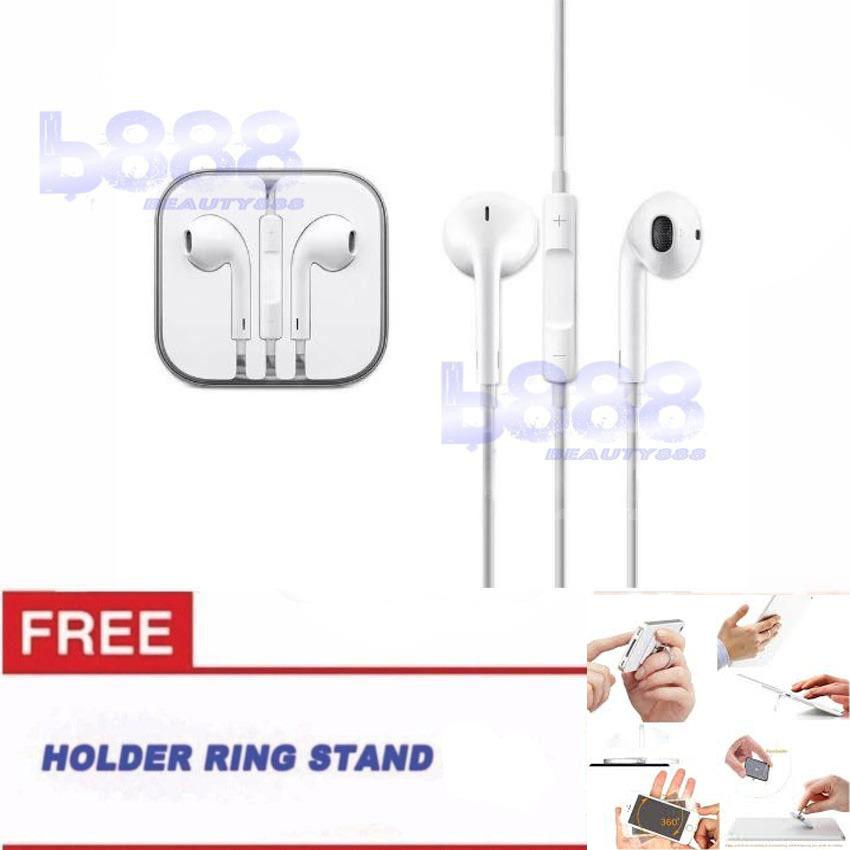 Beauty Handsfree + ( FREE RING HOLDER ) For Apple iPhone 5/5c/5s Headset / Earphone For All Phone Model Stereo - White/Putih