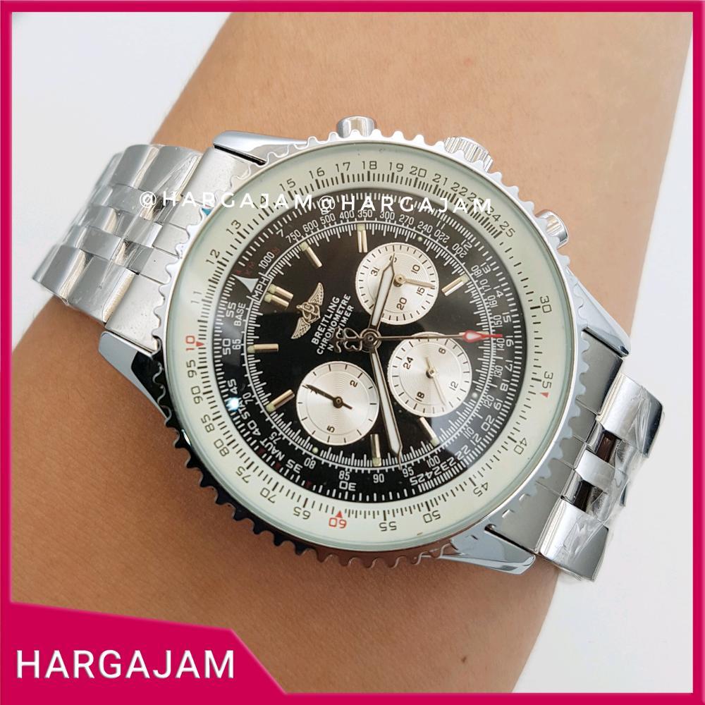 Jam Pria Automatic Breitling Chrono Stainless Rantai Silver Plat Hitam Black