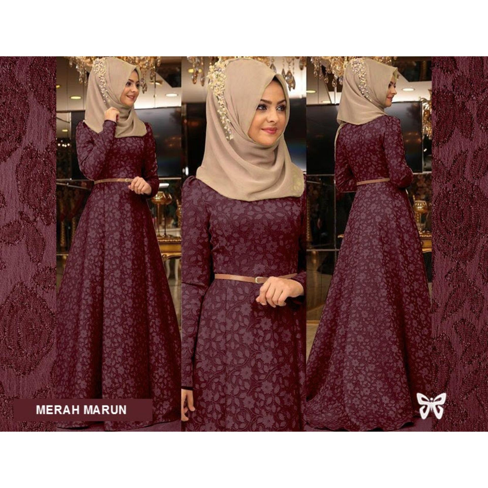 Flavia Store Maxi Dress Lengan Panjang Set 2 in 1 FS0075 - MERAH MARUN / Gamis Syari / Gaun Pesta Muslimah / Baju Muslim Wanita Syar'i / Srreynata