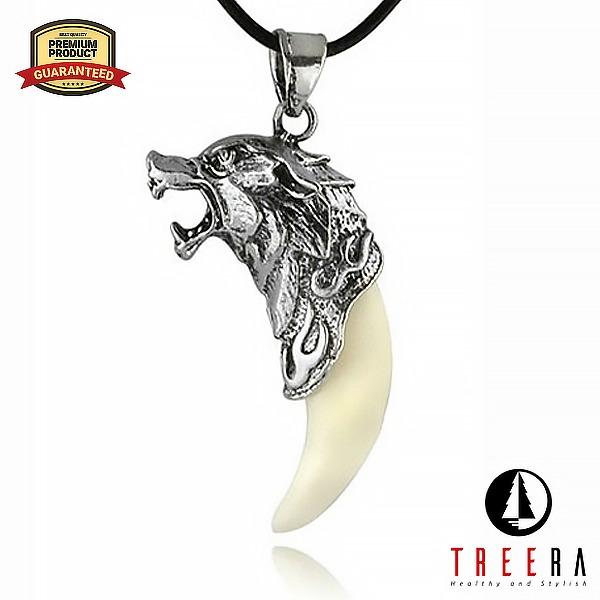 Treera Kalung Pria Tali Modern Keren Taring Serigala Unik Putih Premium