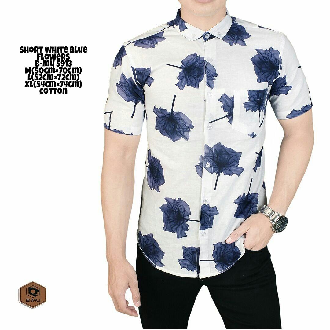 Baju Kece - Kemeja Pendek Warna Putih Corak Bunga/daun navy short frolal kemeja santai kemeja pantai kemeja kerja kemeja pria/wanita kemeja cewek cowok trendy