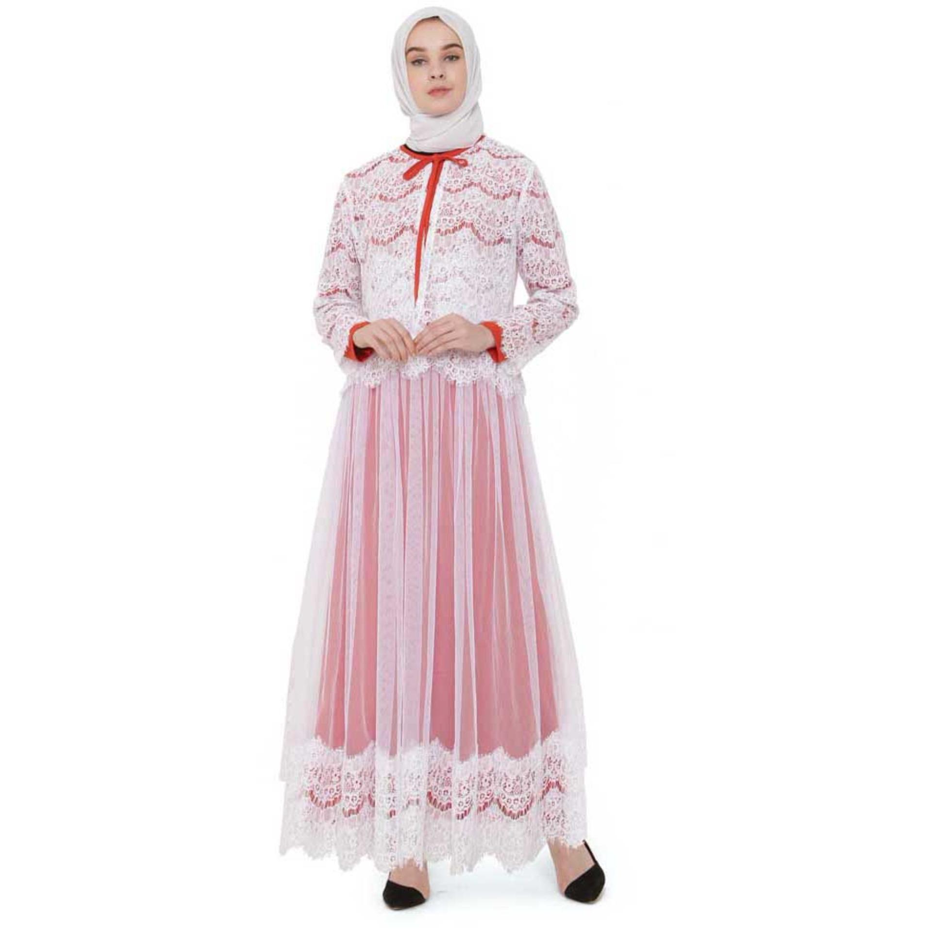 Baju Gamis Muslimah Bahan JERSEY BRUKAT - PUTIH KOMBINASI