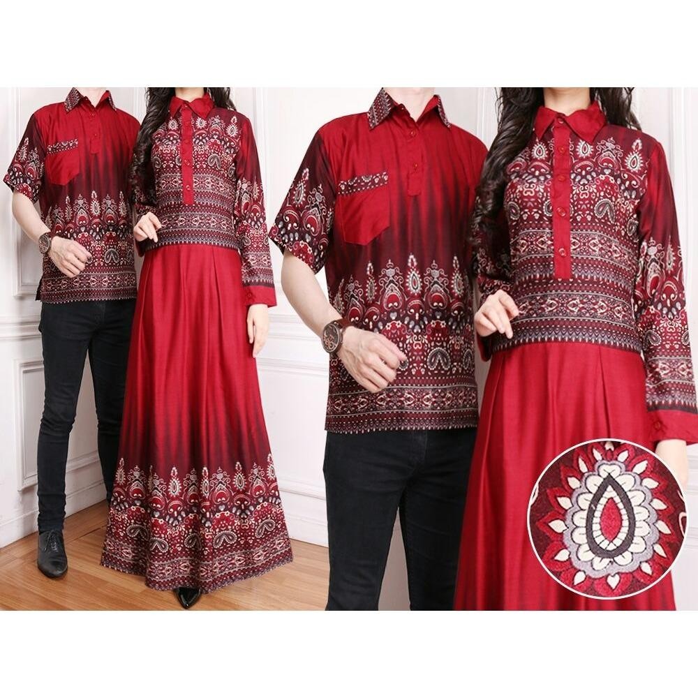 Flavia Store Batik Couple FS0172 - MERAH MARUN / Baju Muslim Pasangan / Sepasang Busana / Kemeja Pria Gaun Muslimah Gamis Wanita / Tzcpkartika