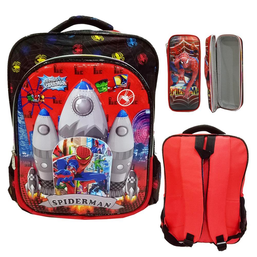 Onlan Spiderman 6D Timbul Anti Gores Tas Ransel Anak Kantung Besar Import Dan Kotak Pensil - Red