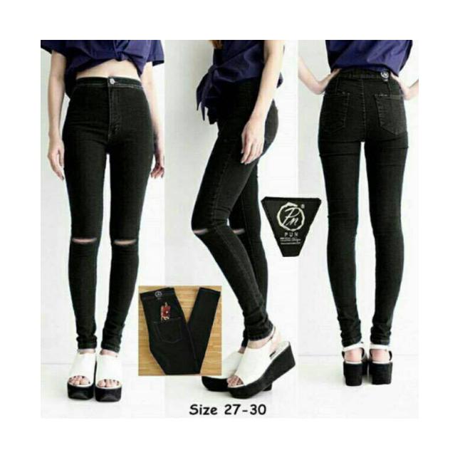 OLIVIAFASHION CELANA JEANS BASIC HIGH WAIST STRETCH HITAM SOBEK LUTUT SIZE 29