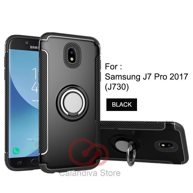 Calandiva Ring Carbon Kickstand Hybrid Premium Quality Grade A Case for Samsung Galaxy J7 PRO 2017 ( J730 )