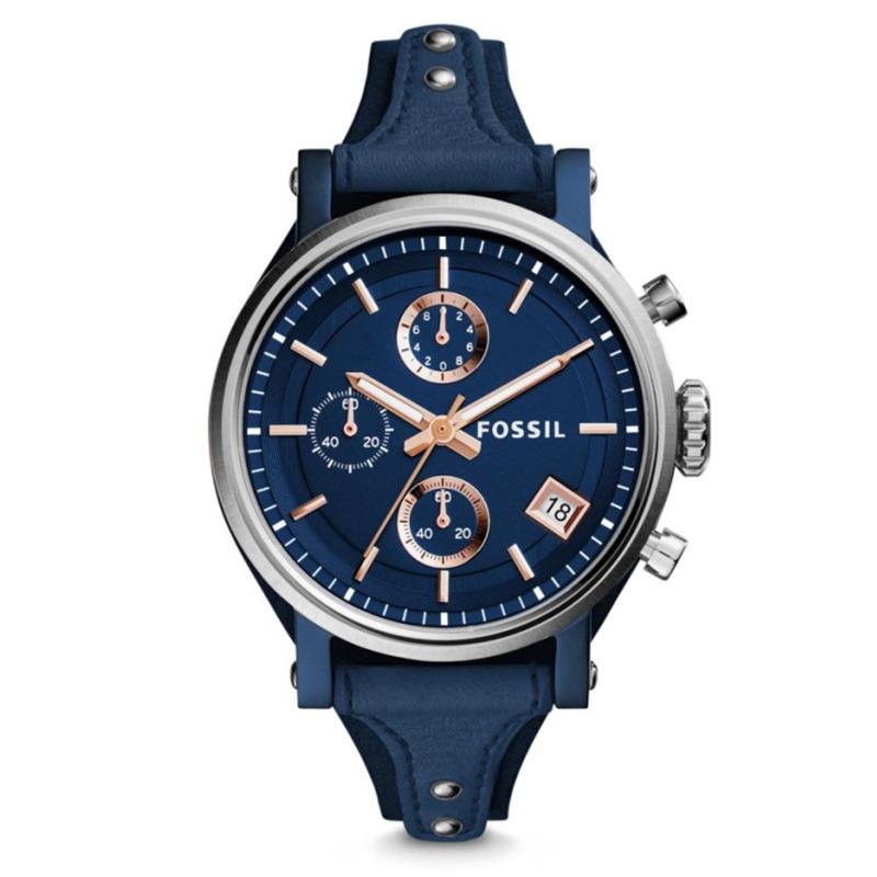 Fossil Boyfriend Chronograph - Jam Tangan Wanita - Biru Navy - Tali Kulit - ES4113