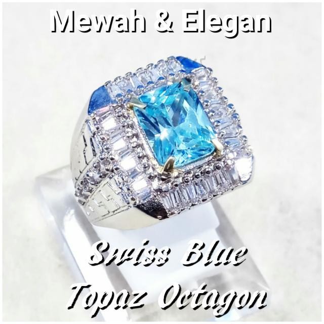 Diskon Promo Perhiasan Aksesoris CINCIN BATU PERMATA BLUE TOPAZ SWISS CUTTING OCTAGON SUPER MEWAH Murah