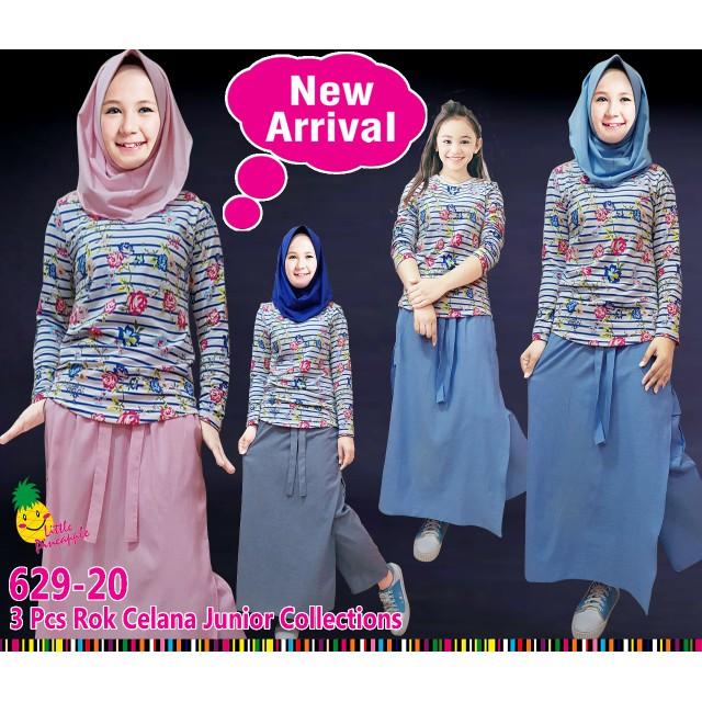 Dijual Th Baju Setelan Muslim Anak Perempuan LP Bunga Garis Celana Rok Limited
