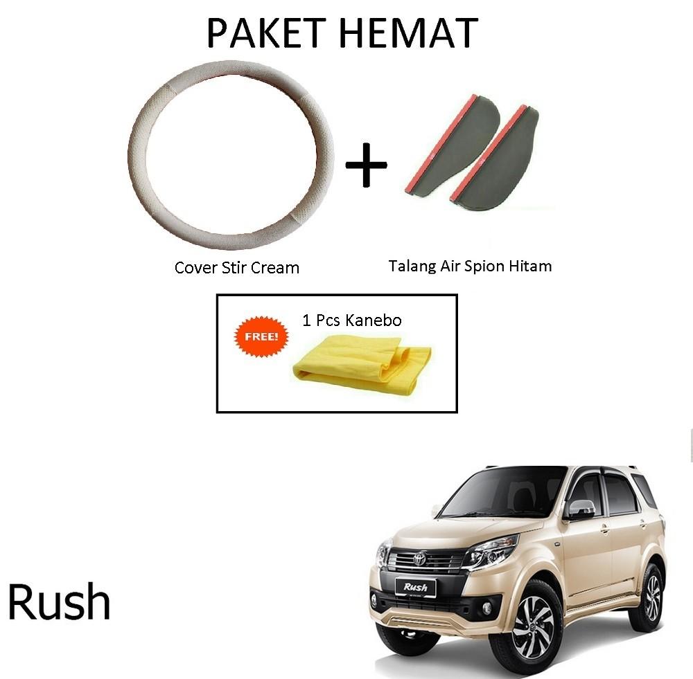 Sarung / Cover Stir / Setir / Steer Mobil Rush Warna Cream + Talang Air Spion Hitam