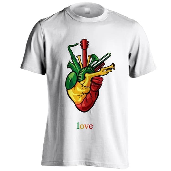Kaos Distro Love Reggae Heart C01 Putih Ukuran S - XXL