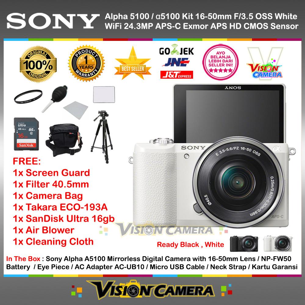 SONY Alpha 5100 with 16-50mm Lens Mirrorless Camera a5100 WiFi 24.3MP Full HD + Screen Guard + SanDisk Ultra 16gb + Filter 40.5mm + Air Blower + Cleaning Cloth + Tripod Takara ECO-193A