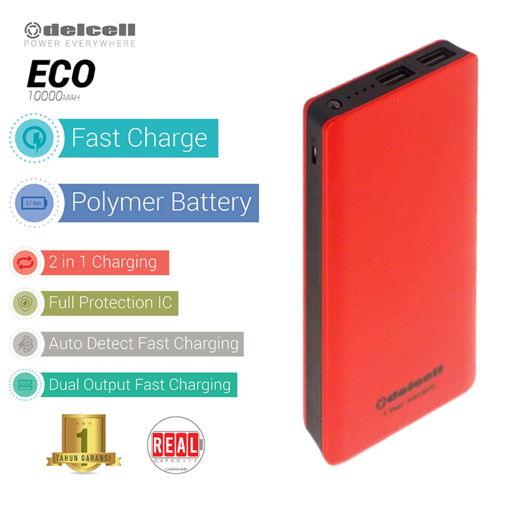 Delcell 10000mAh Powerbank ECO Real Capacity Fast Charging Polymer Battery Dual Output Garansi Resmi 1 Tahun