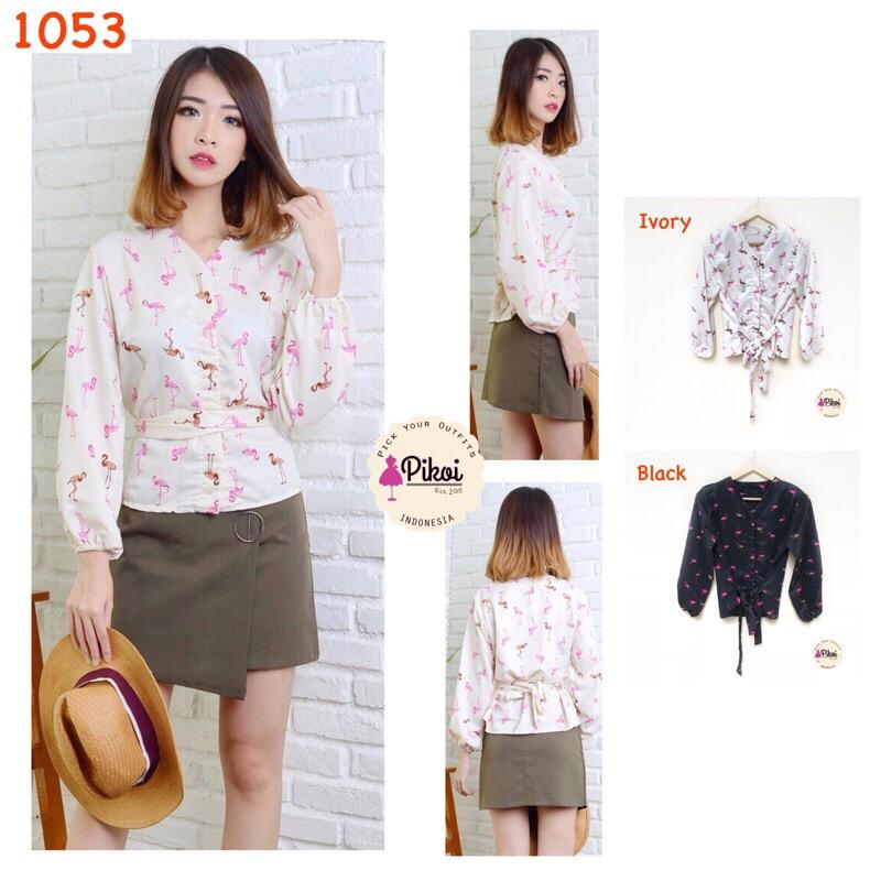 Blouse Flamingo / blus cewek murah / baju flamingo murah / baju wanita murah / kimono ikat / atasan satin murah - HITAM