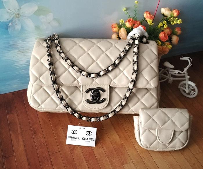 Tas Branded Chanel Mom Kids Ibu Anak Rantai Blacknickel Warna Cream