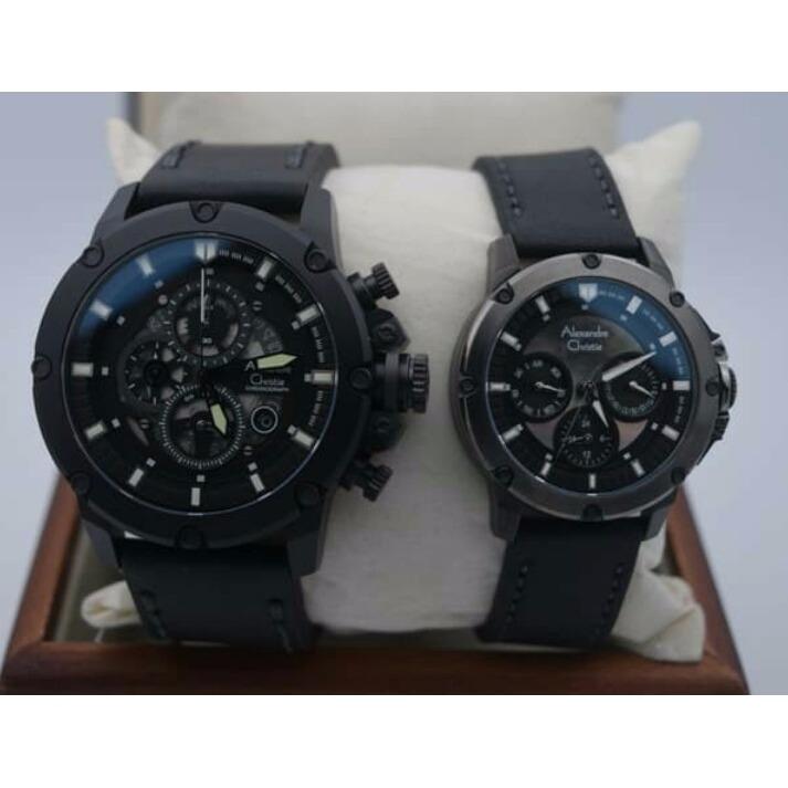 Jam Tangan Sport Kulit Original Pria Wanita Couple Pasangan Alexandre Christie Tali Kulit Crono Tanggal Krono Aktif Original Terbaru Simple Elegan Promo Diskon Terlaris Termurah Alexandre Christie AC 6416 Original Hitam Full Black Murah