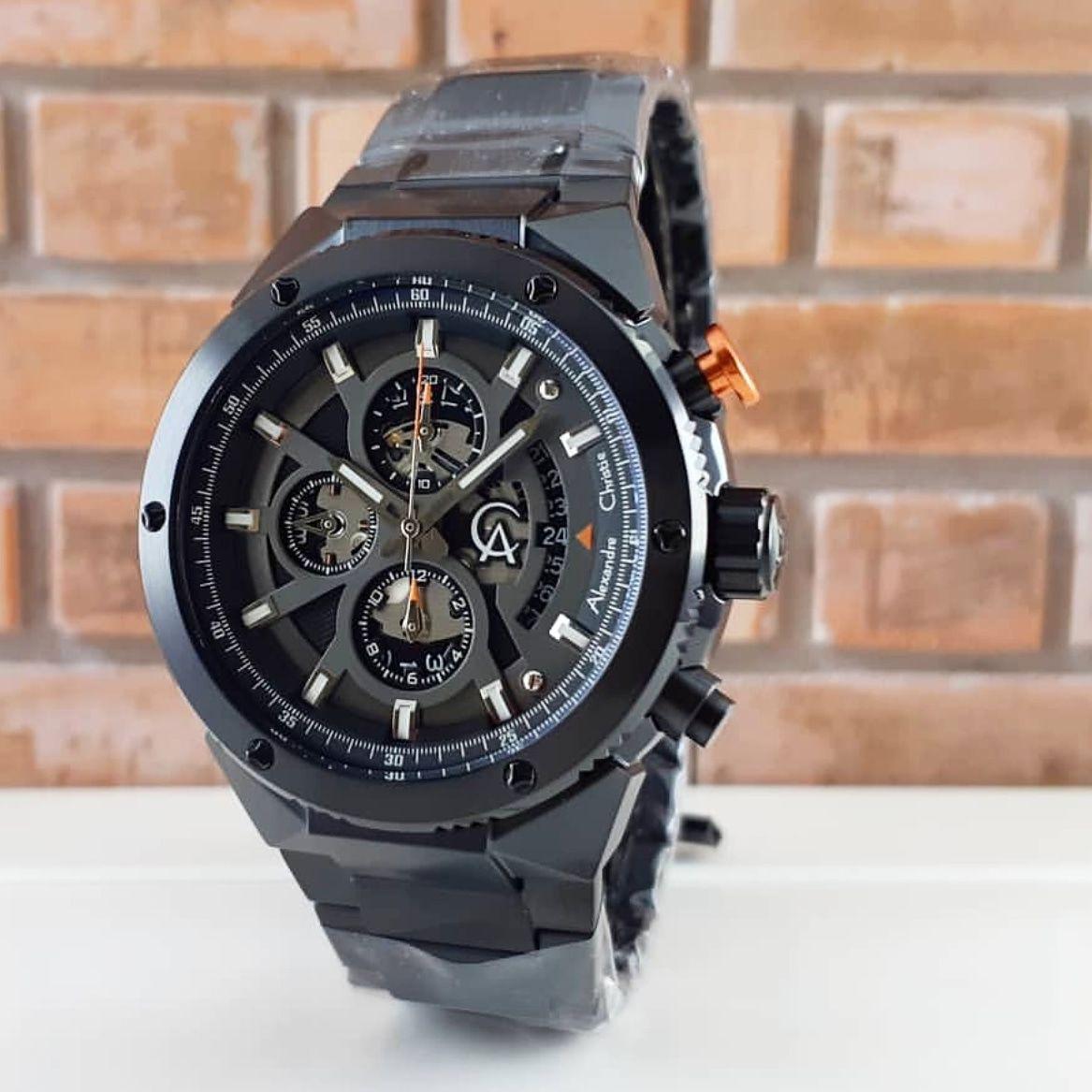 Alexandre Christie AC6461MC Original Jam Tangan Pria Stainless Steel Hitam Lis Orange