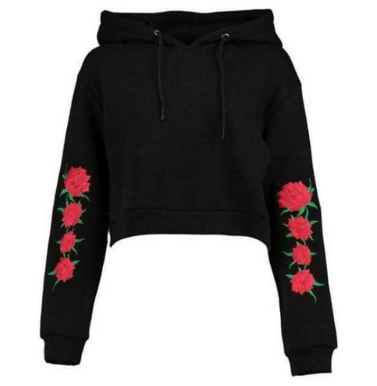 MichelleStore Sweater Wanita Crop Top Hoodie Flower Tali - Black