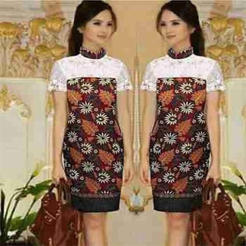 Ak-Dress Meylin Abstrak Batik -Red Batik Slik Halus Combi Brukat Best Quality Akiko Fashion
