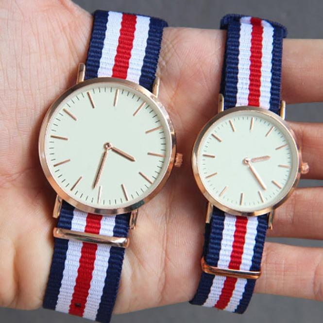 Jam Tangan Tali Kanvas Couple Watch Accessories Stylish Trendy - Navy Blue Strip Putih Strip Merah
