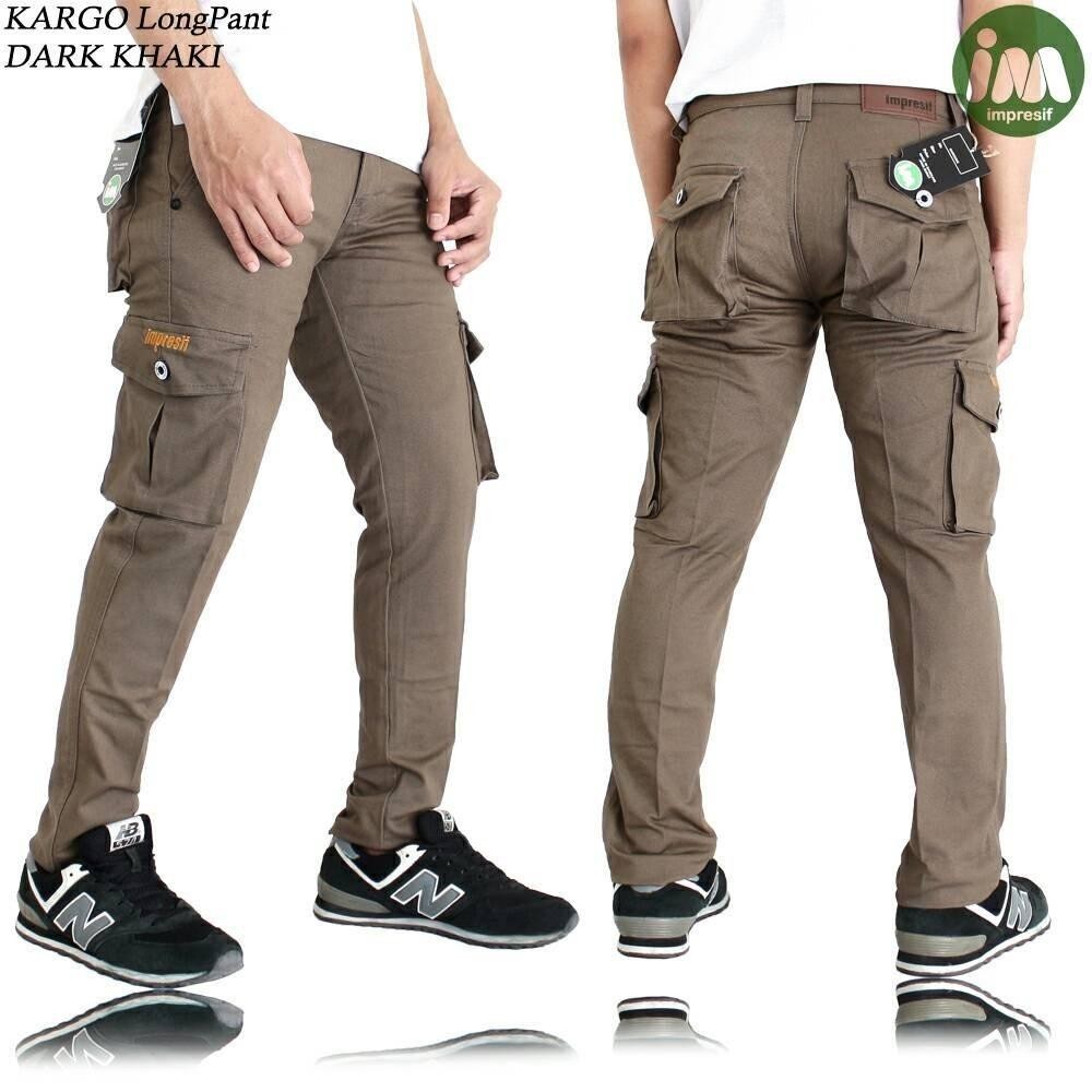 3R/celana panjang katun kargo/pria/drak khaki