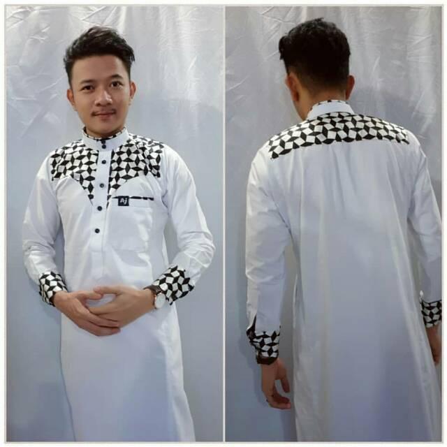 Gamis Aj Aljar / Gamis Busana Muslim Pria / Putih Kombinasi