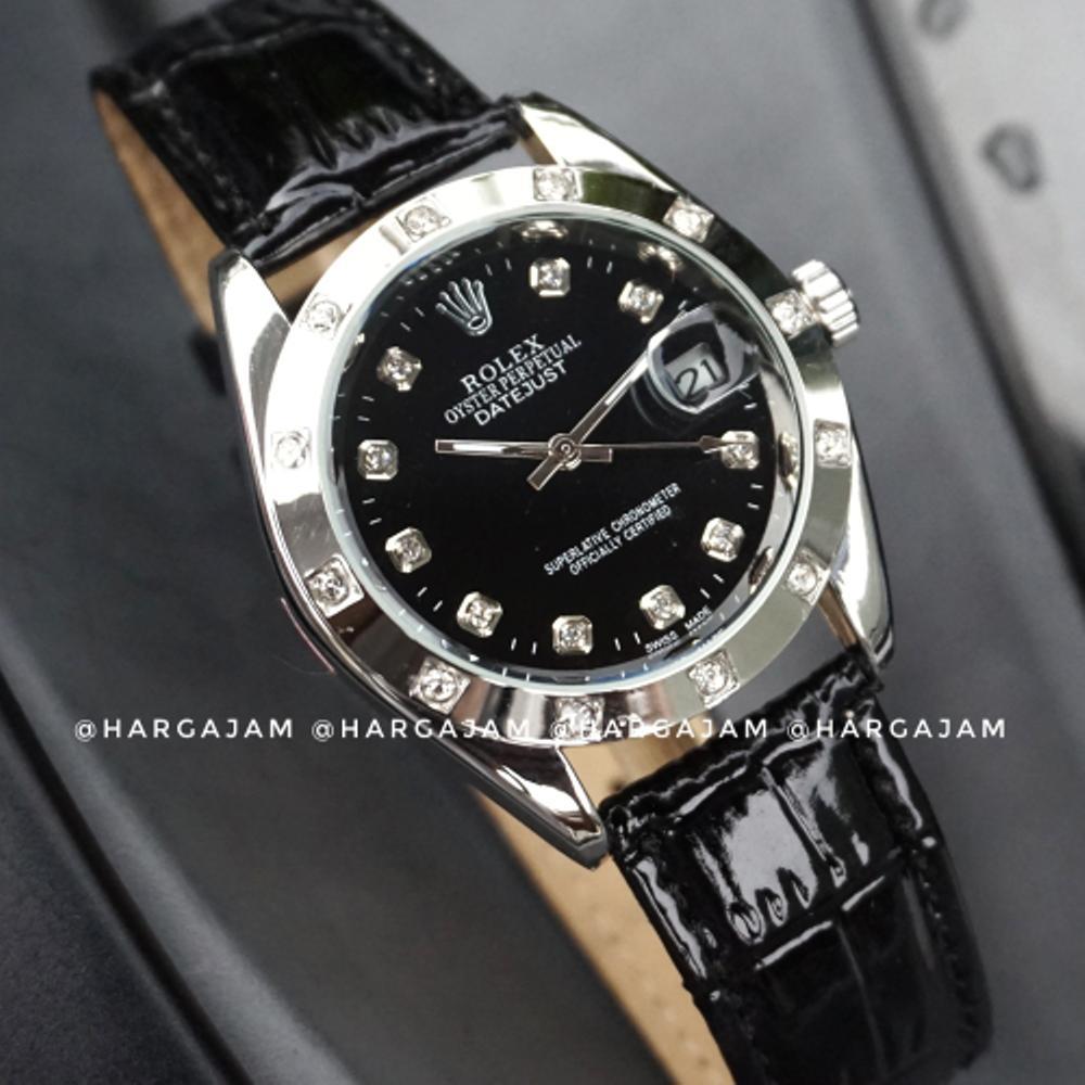 Jam Tangan Wanita Automatic Rolex R1003 Oyster Perpetual Kulit Hitam Plat Hitam (Hargajam Harga Jam Matic)
