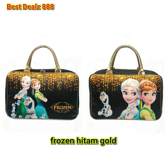 Tas Travel Bag Koper Kanvas Renang Anak Dewasa Frozen Hitam Gold