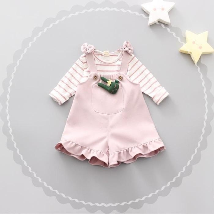 Dijual Baju Setelan Anak Perempuan Import Kaos Garis Celana Overall Soft Pink Murah