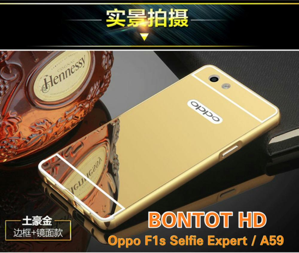 OPPO F1S SELFIE EXPERT ( A59 ) MIRROR CERMIN QUALITY ALUMINIUM BUMPER FRAME PLUS BACK CASE HARD COVER CASING (Backcase Backcover Backdoor Hardcase Alumunium Luxury MIRROR Style BISA NGACA) FOR HP F1 S / A 59 (BUKAN ROBOT-ARMOR-IPAKY-SOFTCASE)