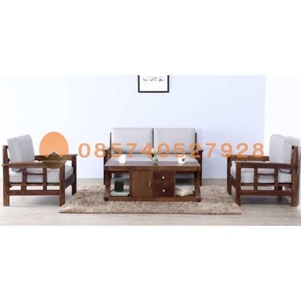 Sofa Minimalis 2 Seater Kayu Jati- Kursi Tamu Set Jok Putih Glentana
