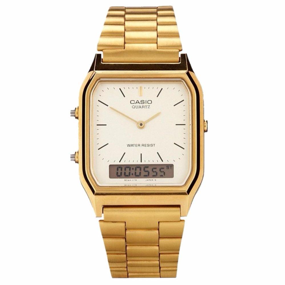 CASIO AQ-230GA-9DMQ - Vintage Series - Analog-Digital - Square Shape - Dual Time - Jam Tangan Unisex - Bahan Tali Stainless Steel - Gold