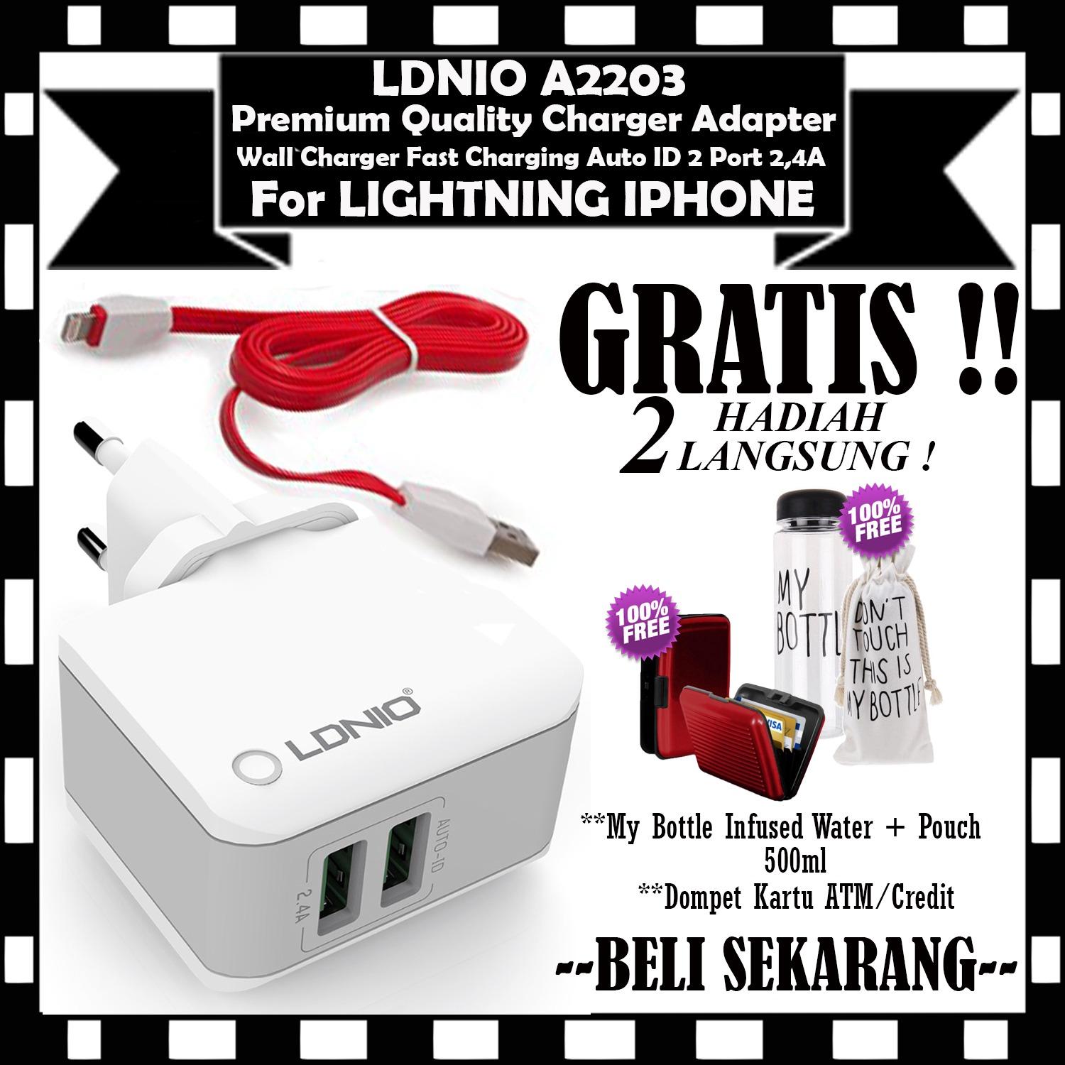 Charger + Kabel Lightning For Iphone 5 / 5s / 6 / 6+ ORIGINAL LDNIO AC2203 2.4A 2 Port USB - GRATIS My Bottle Botol Air Minum 500ml & Dompet Kartu ATM / Credit