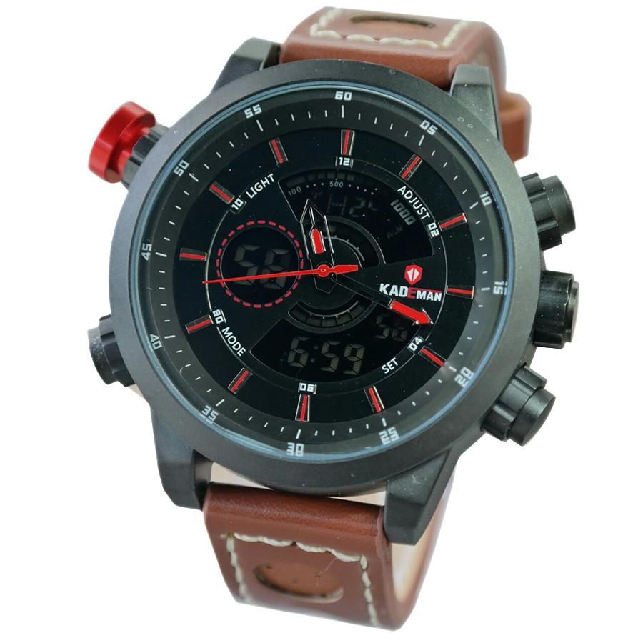 KADEMAN 01M.160D47 Jam Tangan Pria Dual Time Leather Strap - Coklat Hitam List Merah