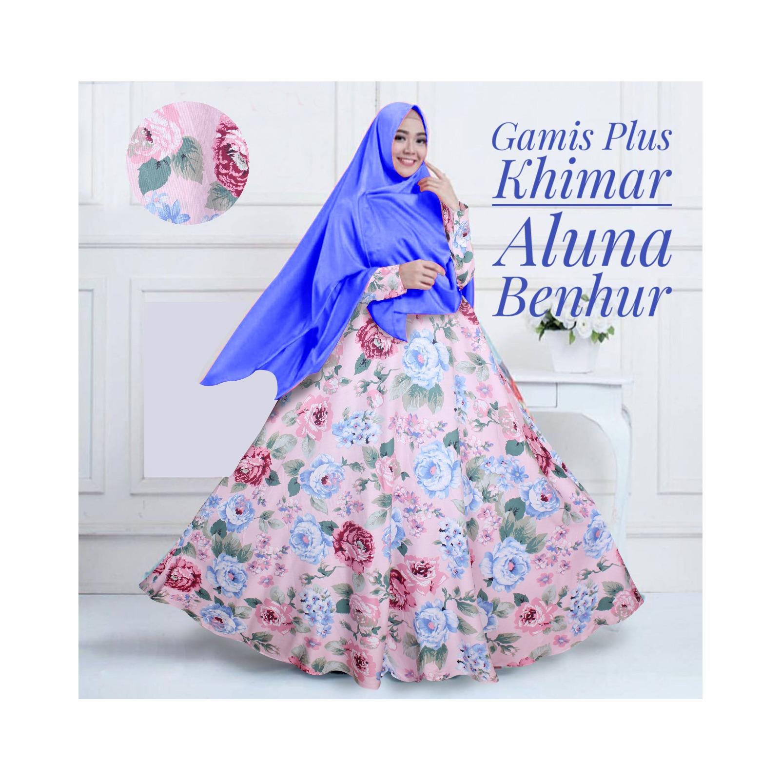 Gamis Katun Syari Murah / Gamis Maxi Dress Katun Aluna Plus Khimar Biru / Gamis Katun Busui